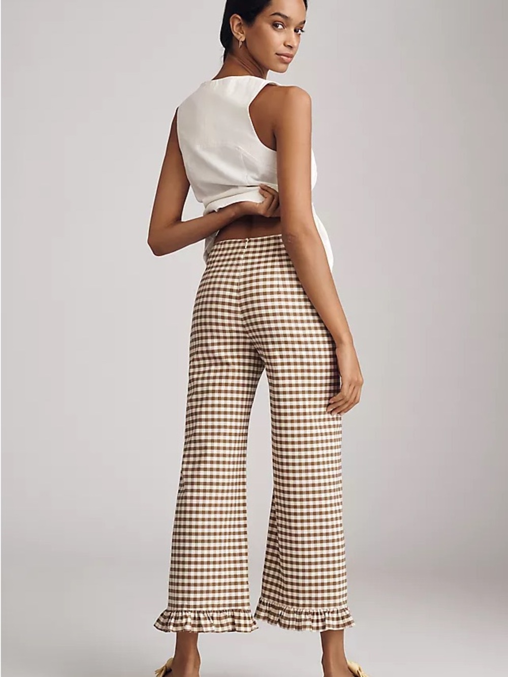 Maeve The Colette Brown and White Gingham Wide-Leg Ruffle-Hem Pants Size 32 - Picture 13 of 14